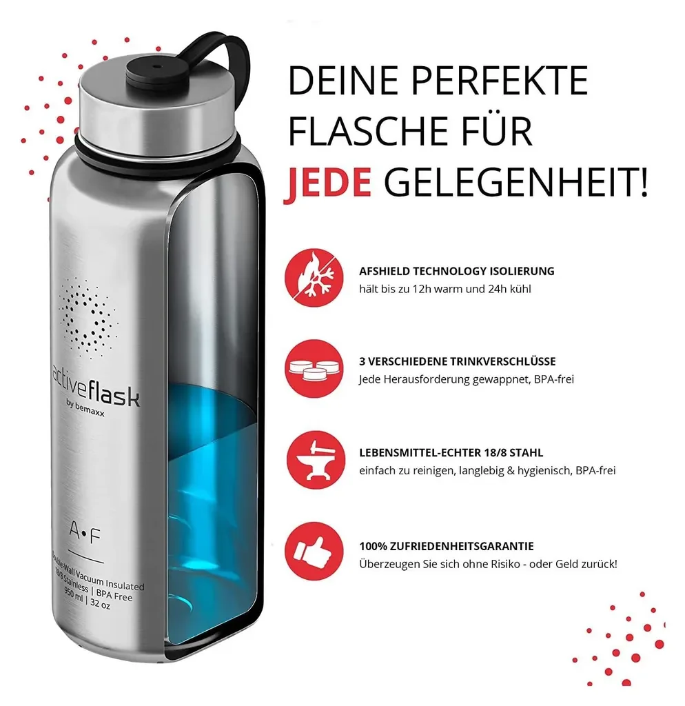 BeMaxx ACTIVE FLASK Trinkflasche Edelstahl 950 ml Silber