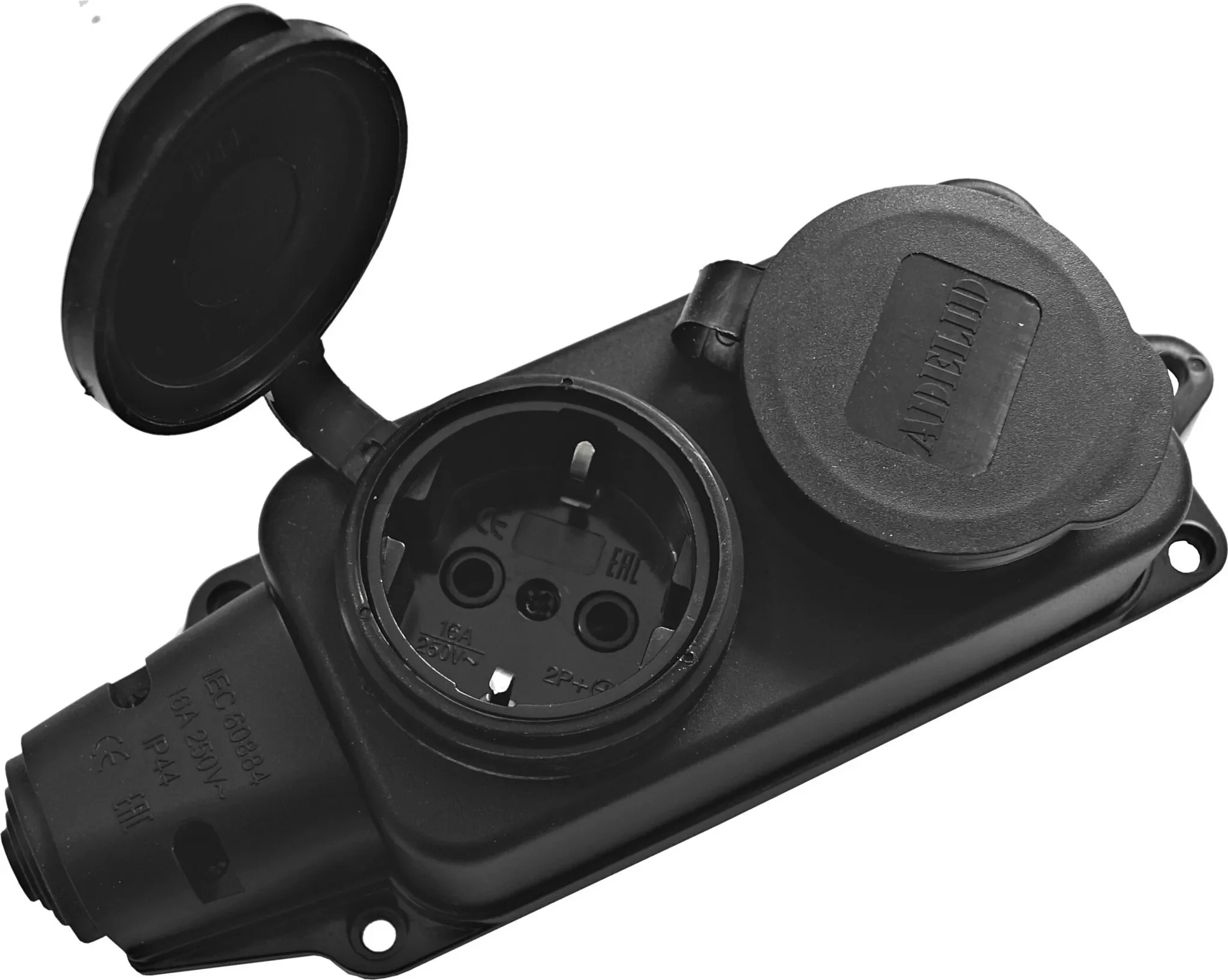 Adelid Schukokupplung – 2-fach Steckdosenleiste, IP44, Schwarz