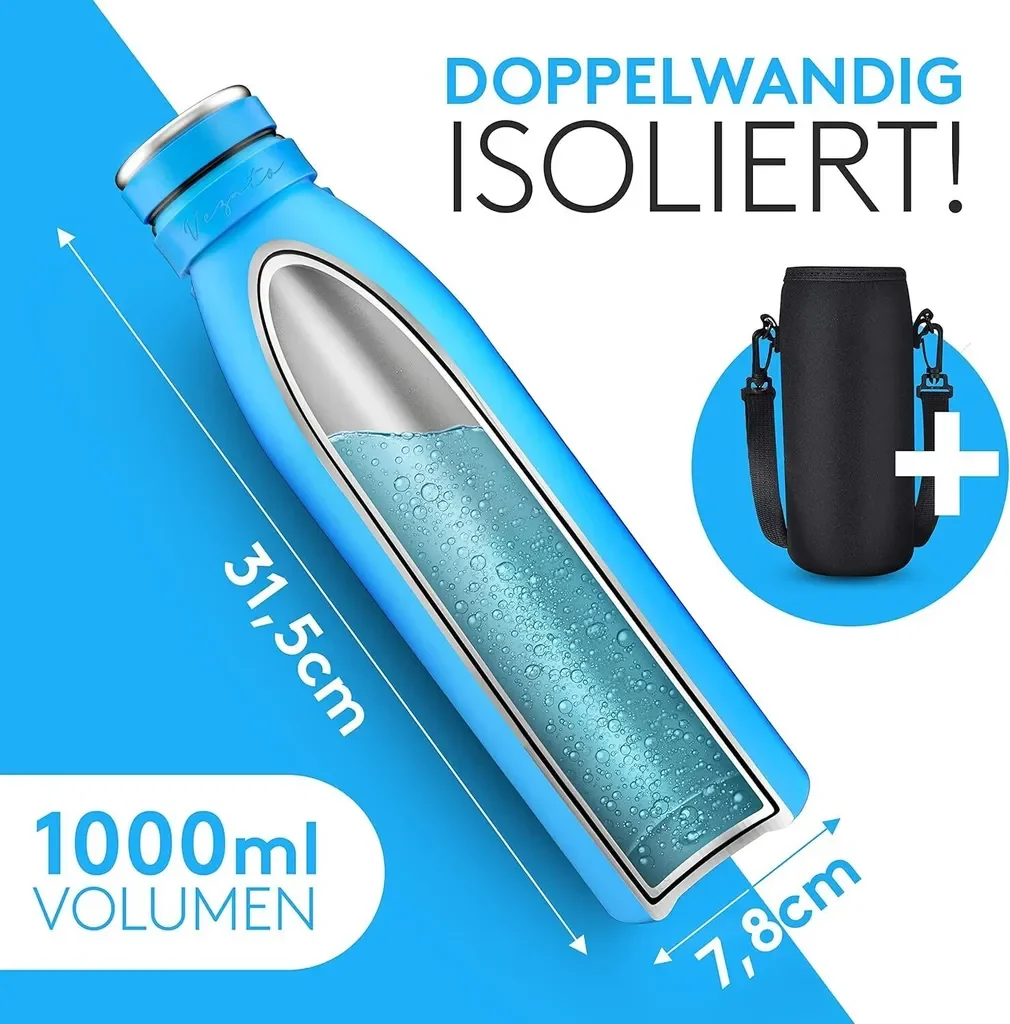 Vezato Edelstahl Trinkflasche 500 ml, auslaufsicher, für Kohlensäure