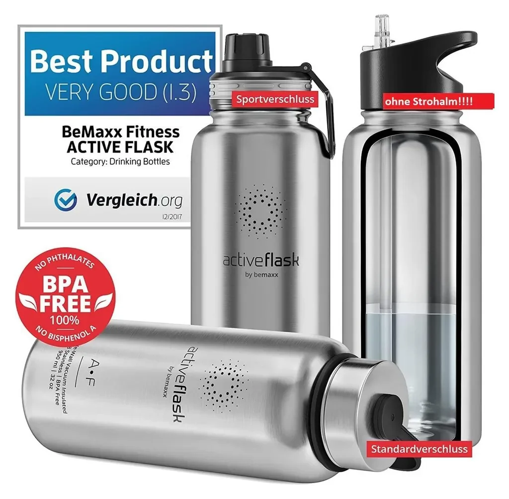 BeMaxx ACTIVE FLASK Trinkflasche Edelstahl 950 ml Silber