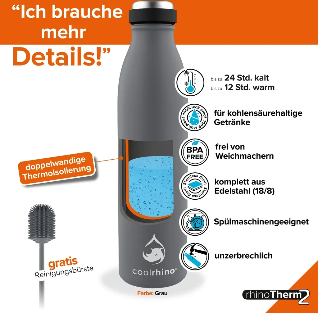 coolrhino Edelstahl Trinkflasche 500ml 1L für Kohlensäure BPA frei